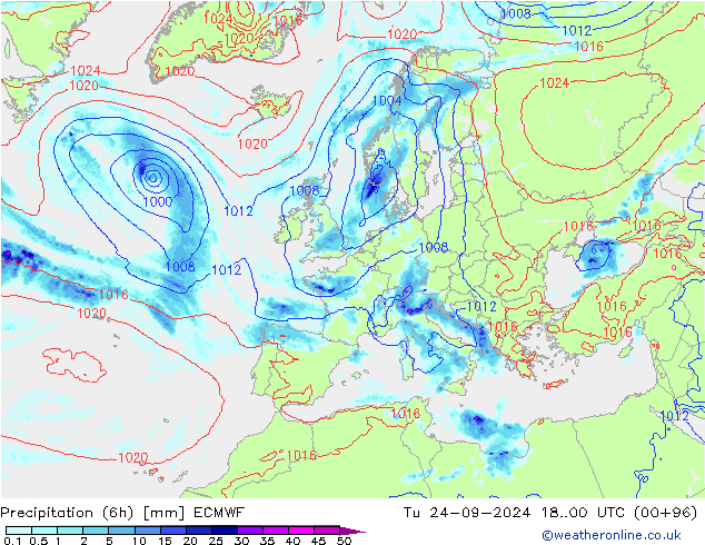 Nied. akkumuliert (6Std) ECMWF Di 24.09.2024 00 UTC