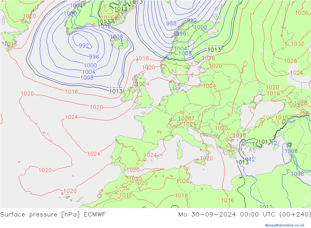 Surface pressure ECMWF Mo 30.09.2024 00 UTC