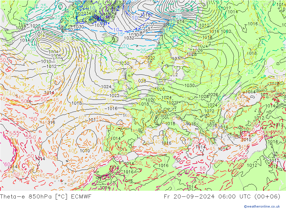 Theta-e 850hPa ECMWF Cu 20.09.2024 06 UTC