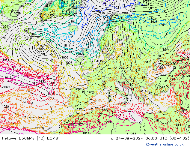 Theta-e 850hPa ECMWF di 24.09.2024 06 UTC