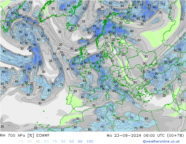 RH 700 hPa ECMWF Mo 23.09.2024 06 UTC