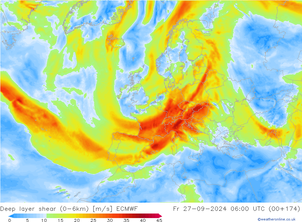 Deep layer shear (0-6km) ECMWF vr 27.09.2024 06 UTC