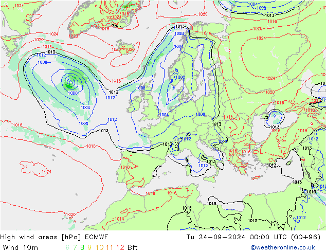 yüksek rüzgarlı alanlar ECMWF Sa 24.09.2024 00 UTC