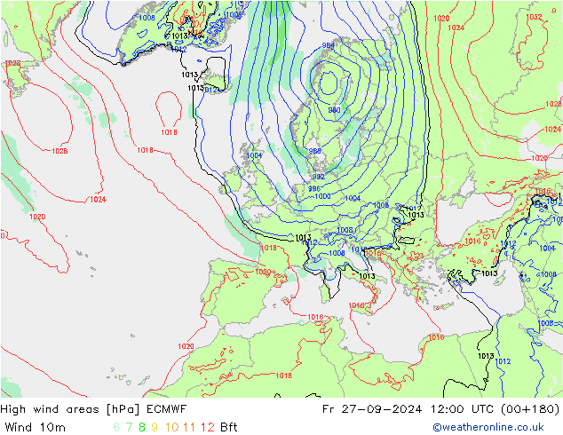 High wind areas ECMWF ven 27.09.2024 12 UTC