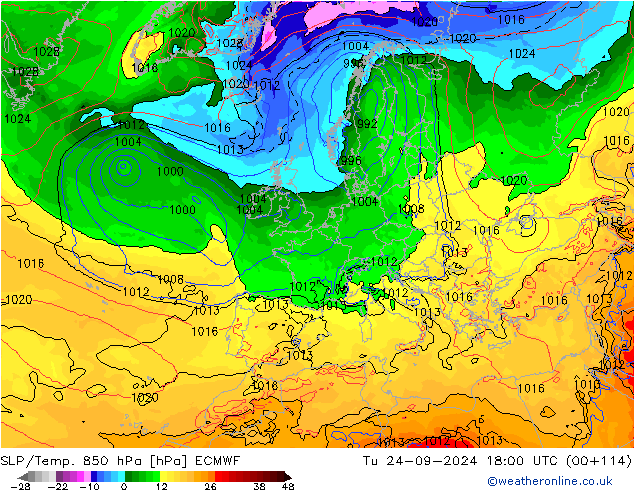 SLP/Temp. 850 hPa ECMWF Tu 24.09.2024 18 UTC