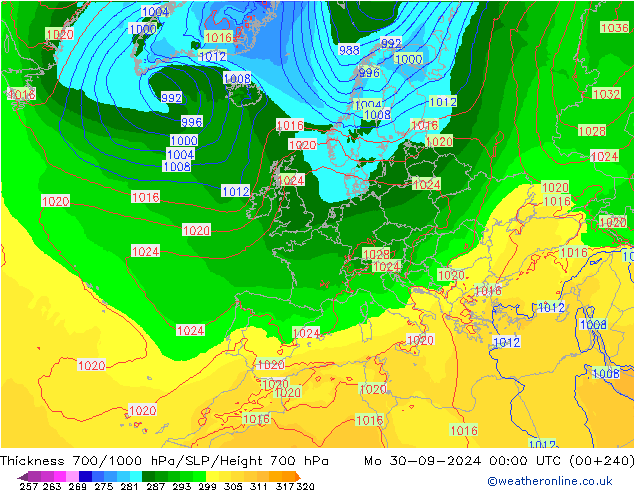 Thck 700-1000 hPa ECMWF pon. 30.09.2024 00 UTC