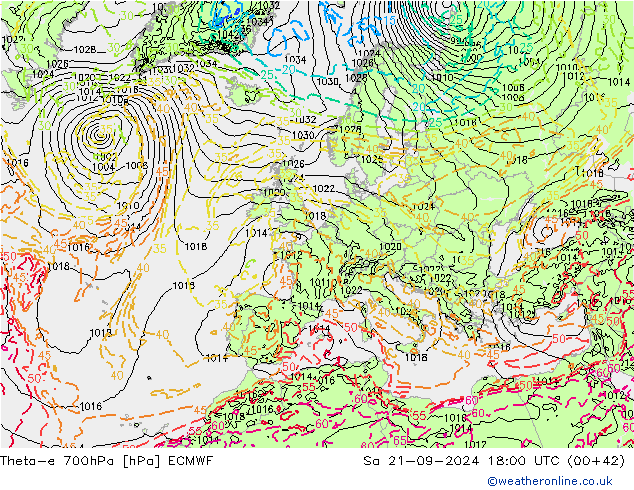 Theta-e 700hPa ECMWF Sa 21.09.2024 18 UTC