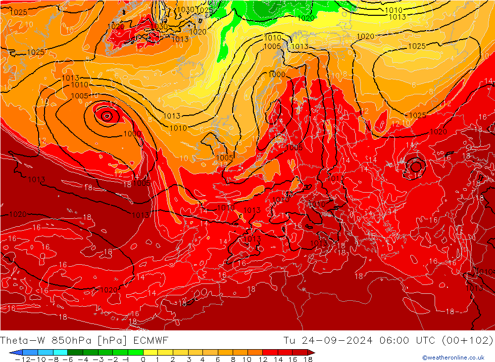 Theta-W 850hPa ECMWF wto. 24.09.2024 06 UTC