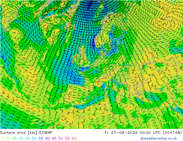 Rüzgar 10 m ECMWF Cu 27.09.2024 00 UTC