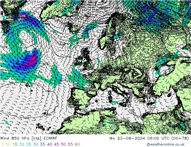 Wind 850 hPa ECMWF Mo 23.09.2024 06 UTC