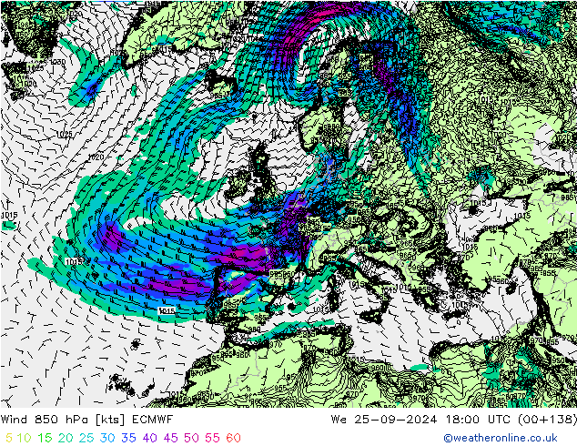 Wind 850 hPa ECMWF We 25.09.2024 18 UTC