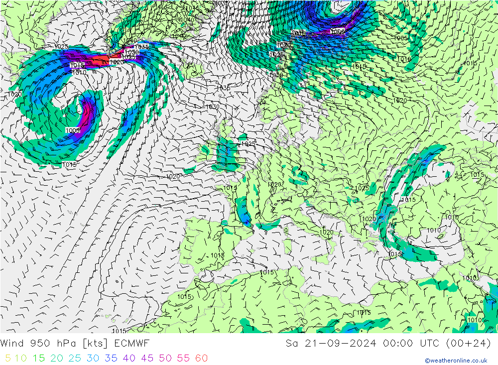 Wind 950 hPa ECMWF So 21.09.2024 00 UTC