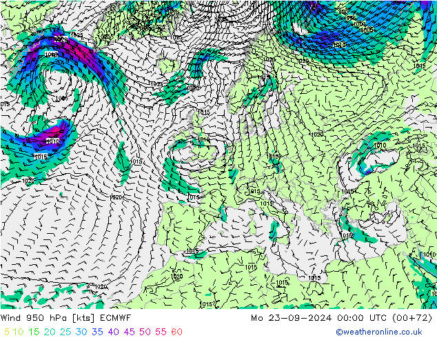 ветер 950 гПа ECMWF пн 23.09.2024 00 UTC