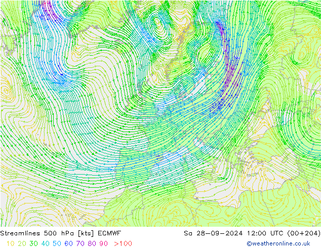 Linia prądu 500 hPa ECMWF so. 28.09.2024 12 UTC