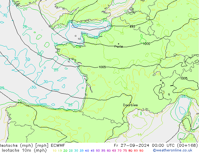 Isotachs (mph) ECMWF Fr 27.09.2024 00 UTC