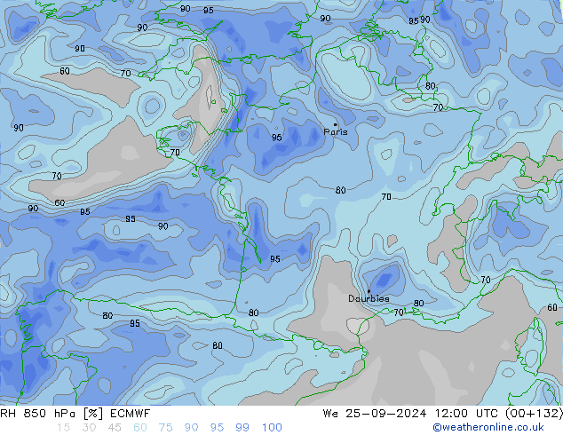 RH 850 hPa ECMWF mer 25.09.2024 12 UTC