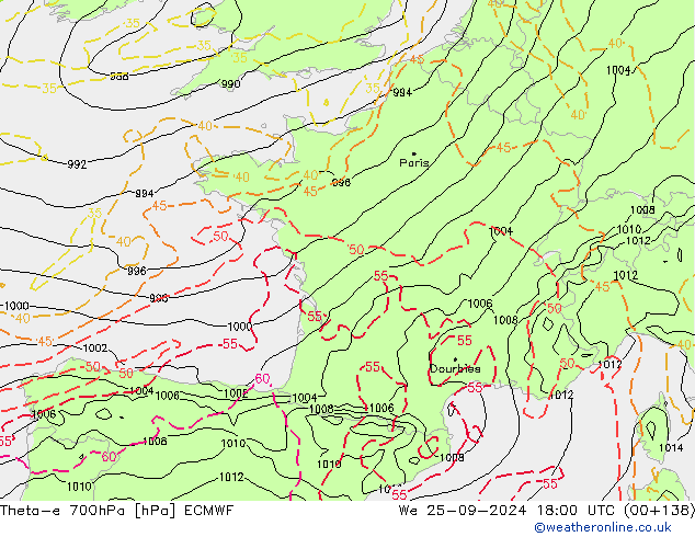 Theta-e 700hPa ECMWF Mi 25.09.2024 18 UTC