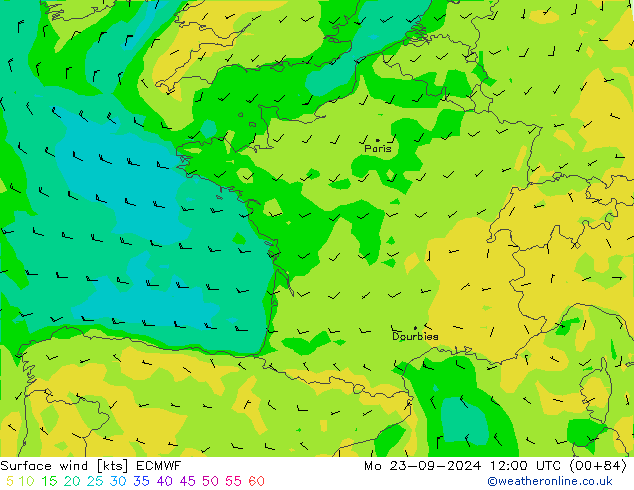 wiatr 10 m ECMWF pon. 23.09.2024 12 UTC