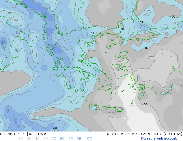 RH 850 hPa ECMWF wto. 24.09.2024 12 UTC