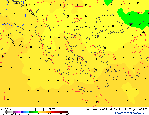 SLP/Temp. 850 hPa ECMWF Tu 24.09.2024 06 UTC