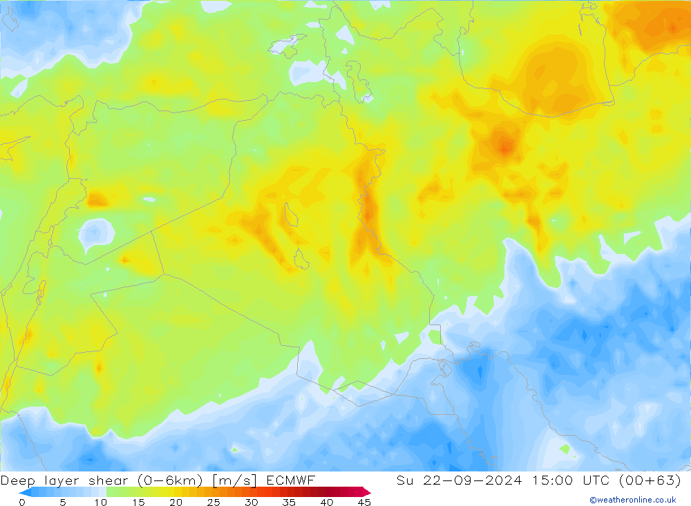 Deep layer shear (0-6km) ECMWF dim 22.09.2024 15 UTC