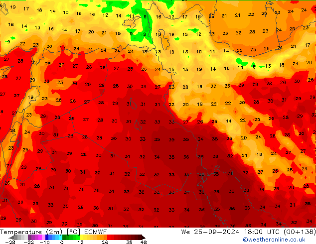 Sıcaklık Haritası (2m) ECMWF Çar 25.09.2024 18 UTC