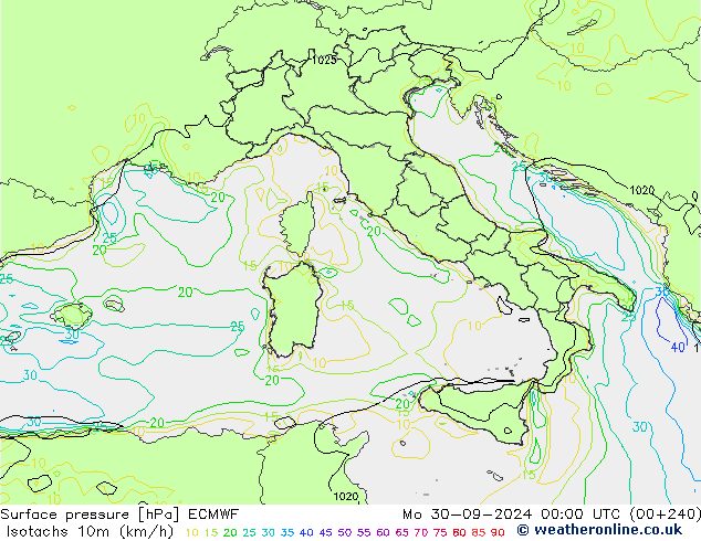 Isotachs (kph) ECMWF lun 30.09.2024 00 UTC