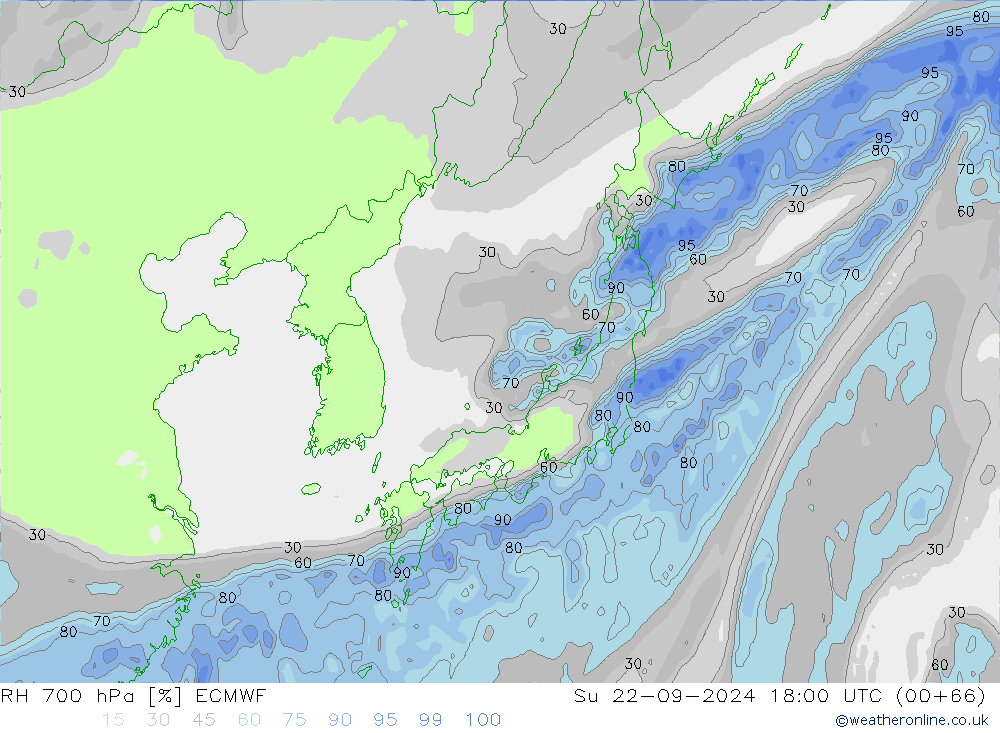 RH 700 hPa ECMWF nie. 22.09.2024 18 UTC