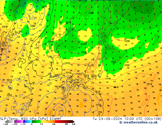 SLP/Temp. 850 hPa ECMWF mar 24.09.2024 12 UTC