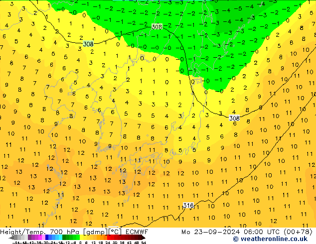 Height/Temp. 700 hPa ECMWF Mo 23.09.2024 06 UTC