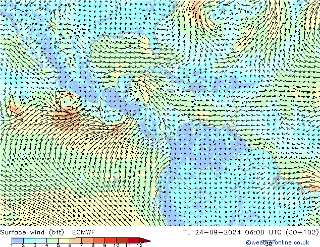 wiatr 10 m (bft) ECMWF wto. 24.09.2024 06 UTC