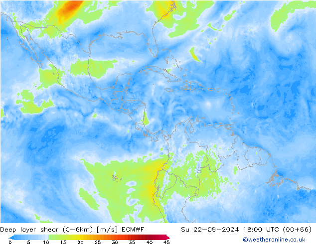 Deep layer shear (0-6km) ECMWF So 22.09.2024 18 UTC