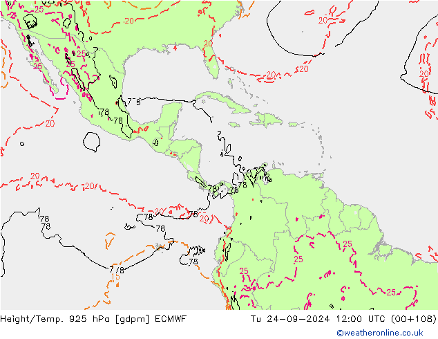 Height/Temp. 925 hPa ECMWF wto. 24.09.2024 12 UTC