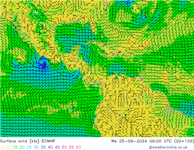 Viento 10 m ECMWF mié 25.09.2024 06 UTC