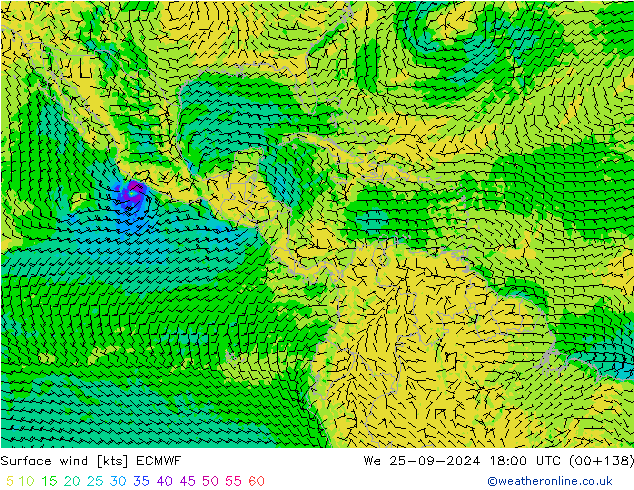 wiatr 10 m ECMWF śro. 25.09.2024 18 UTC