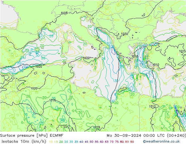 Isotachs (kph) ECMWF  30.09.2024 00 UTC