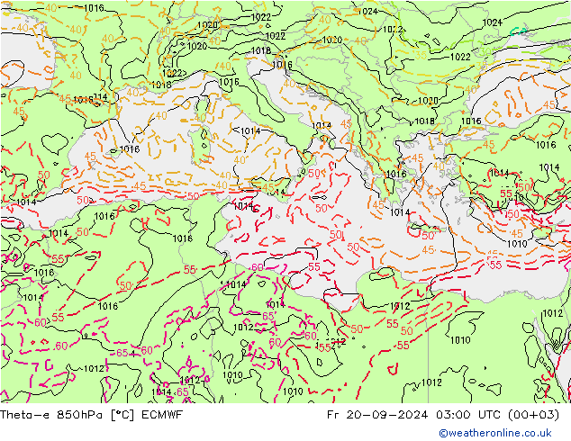 Theta-e 850hPa ECMWF Fr 20.09.2024 03 UTC