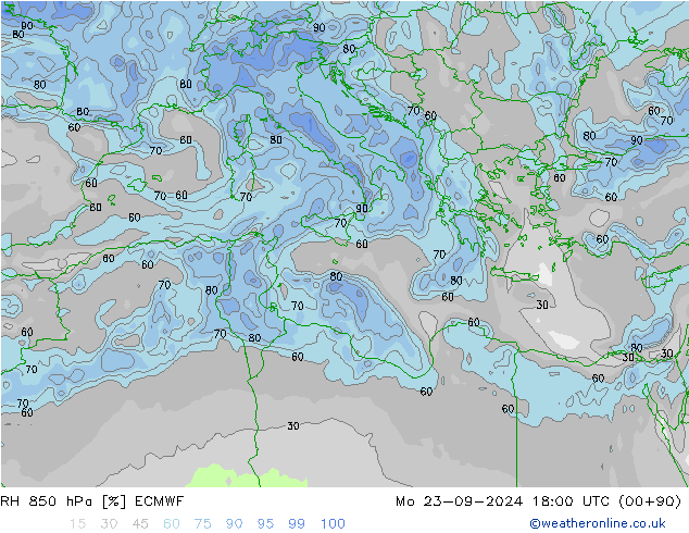 RH 850 hPa ECMWF pon. 23.09.2024 18 UTC