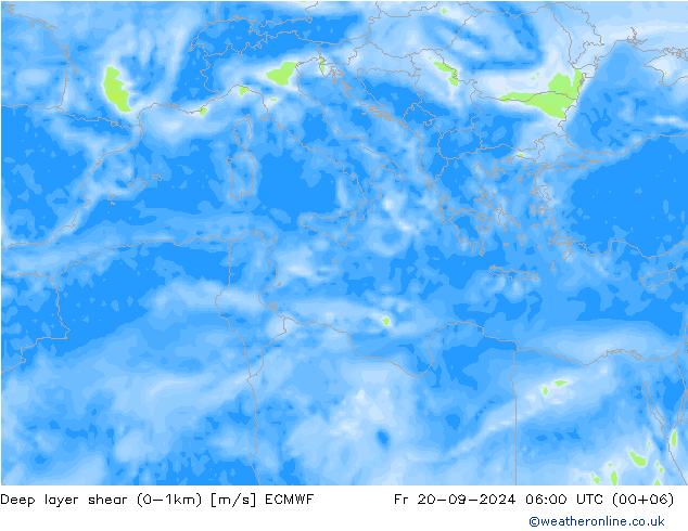 Deep layer shear (0-1km) ECMWF Cu 20.09.2024 06 UTC