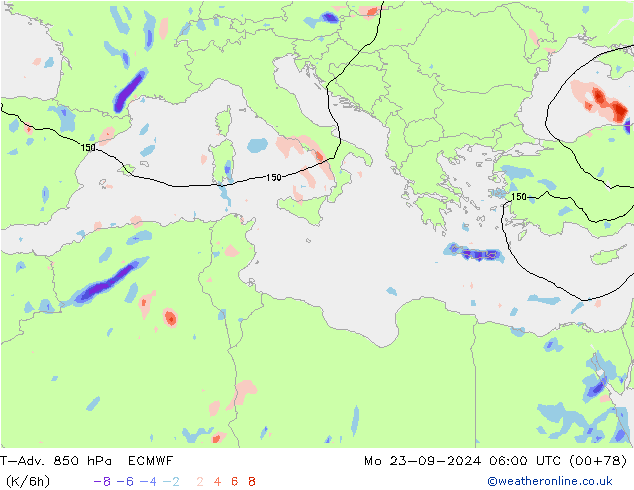 T-Adv. 850 hPa ECMWF pon. 23.09.2024 06 UTC