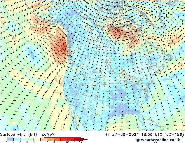 Viento 10 m (bft) ECMWF vie 27.09.2024 18 UTC