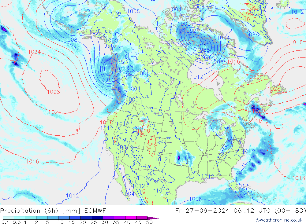 Z500/Rain (+SLP)/Z850 ECMWF Fr 27.09.2024 12 UTC