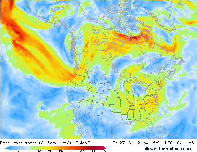 Deep layer shear (0-6km) ECMWF vie 27.09.2024 18 UTC