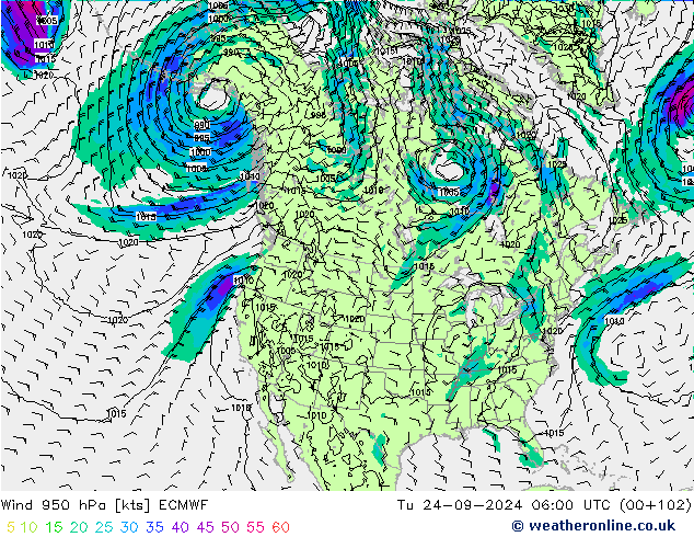 Wind 950 hPa ECMWF Tu 24.09.2024 06 UTC