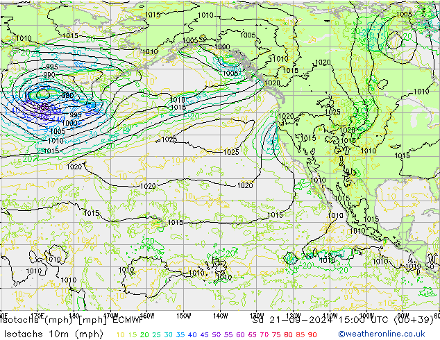 Isotachs (mph) ECMWF сб 21.09.2024 15 UTC