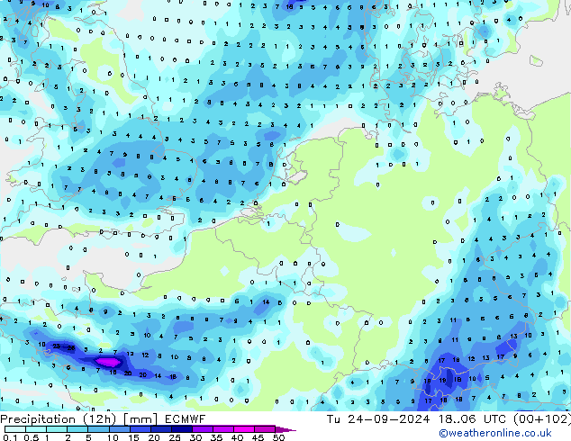 Précipitation (12h) ECMWF mar 24.09.2024 06 UTC