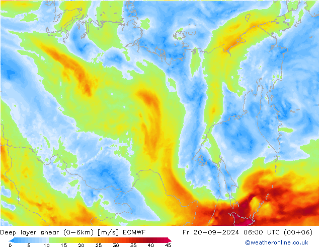 Deep layer shear (0-6km) ECMWF Fr 20.09.2024 06 UTC