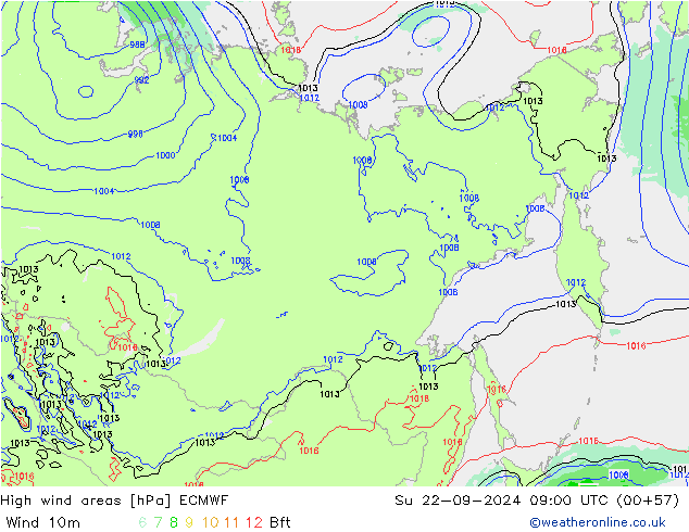 High wind areas ECMWF Su 22.09.2024 09 UTC