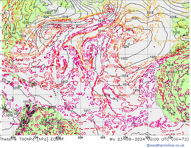 Theta-e 700hPa ECMWF lun 23.09.2024 00 UTC