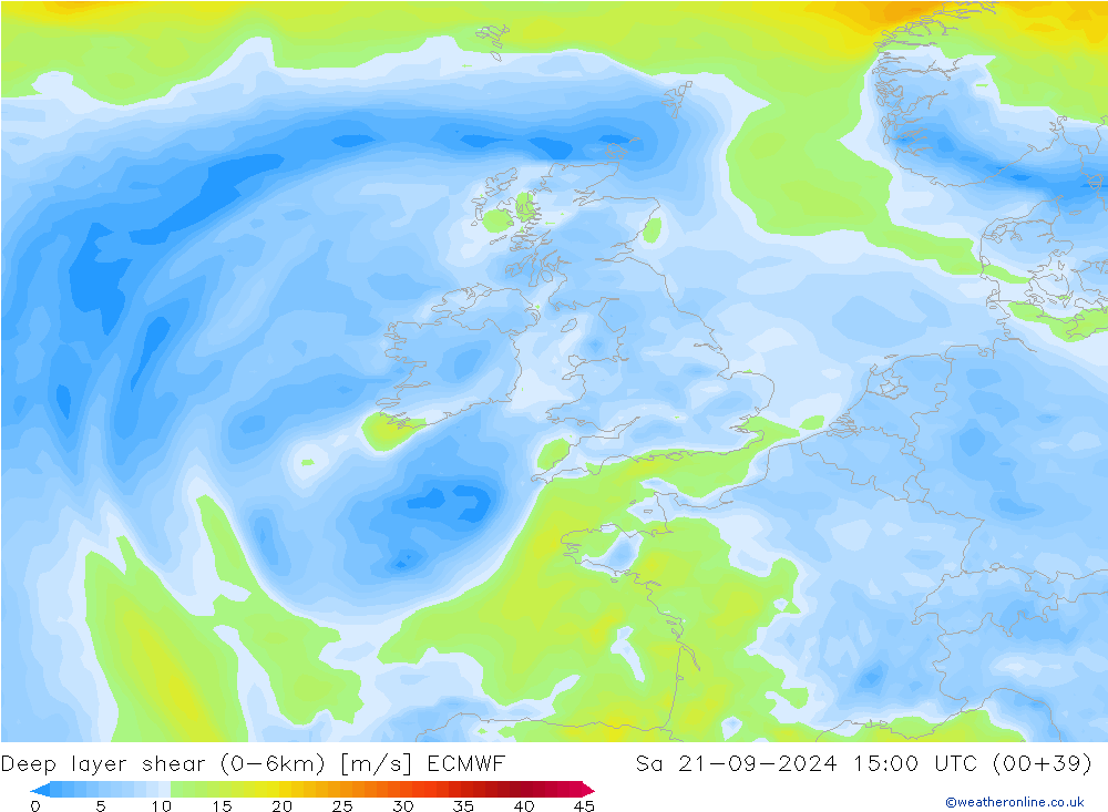 Deep layer shear (0-6km) ECMWF  21.09.2024 15 UTC